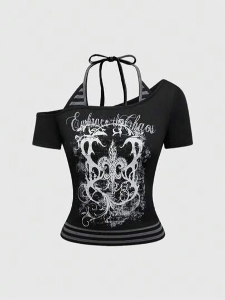 ROMWE Grunge Punk Spring/Summer Graphic Black Gothic Dark Palace Mysterious Cross, Sun & Moon Sexy Black & WAllover Printinted Crop Top For Women - Size L