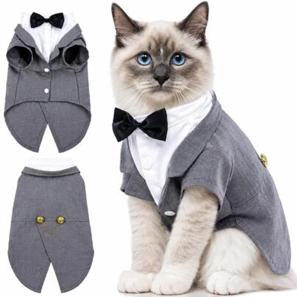 Pet Tuxedo Suit With Bow Tie Formal Cat Wedding Outfit Summer Gift For Cats Elegant Party Costume - Size M