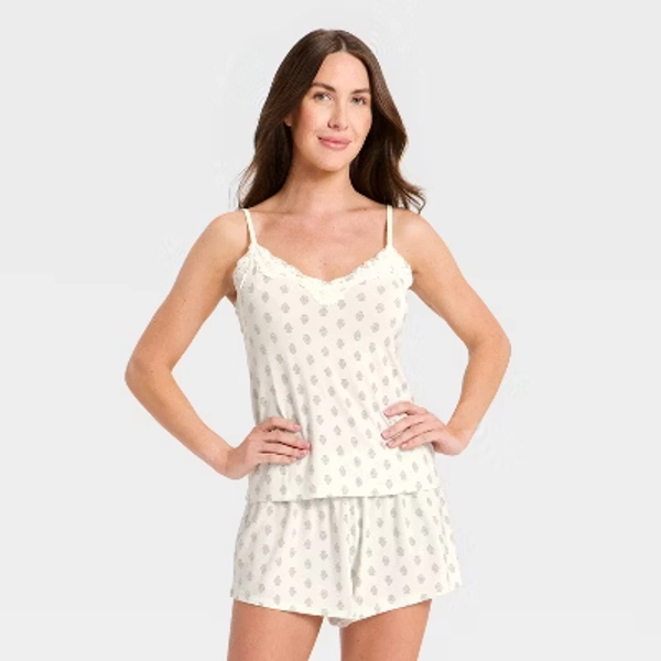 Women's Lace Trim Cloud Knit Tank Top and Shorts Pajama Set - Auden™ Cream Block Printed M
