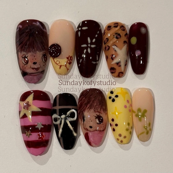 Monchhichi Nails, Monchhichi, Cute Nails, Y2k Nails, Kawaii Nails, Handpainted Nails, Press on Nails, Leopard Nails, Brown and Pink Nails - Etsy