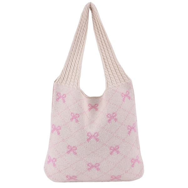 Halloween Women Knitted Tote Handbag Y2k Bow Printed Ladies Daily Handbag Daily Casual Portable Bag (White Pink)