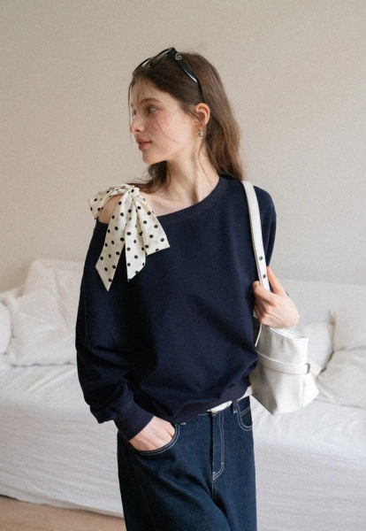 Women Tie-Front Loose One-Shoulder Sweatshirt
