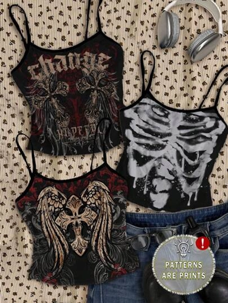 Attitoon 3pcs Women Casual Vintage Tight Contrast Trim Tank Top Set, Suitable For Summer, Punk, Cross, Wing, Skull Print, Y2K, Grunge Print,Halter - Size S