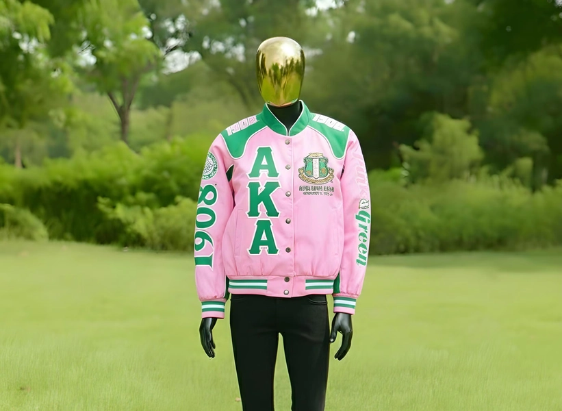 AKA Letterman Jacket | Sorority, Pink & Green twill fabric no wool - Primary color: Beige