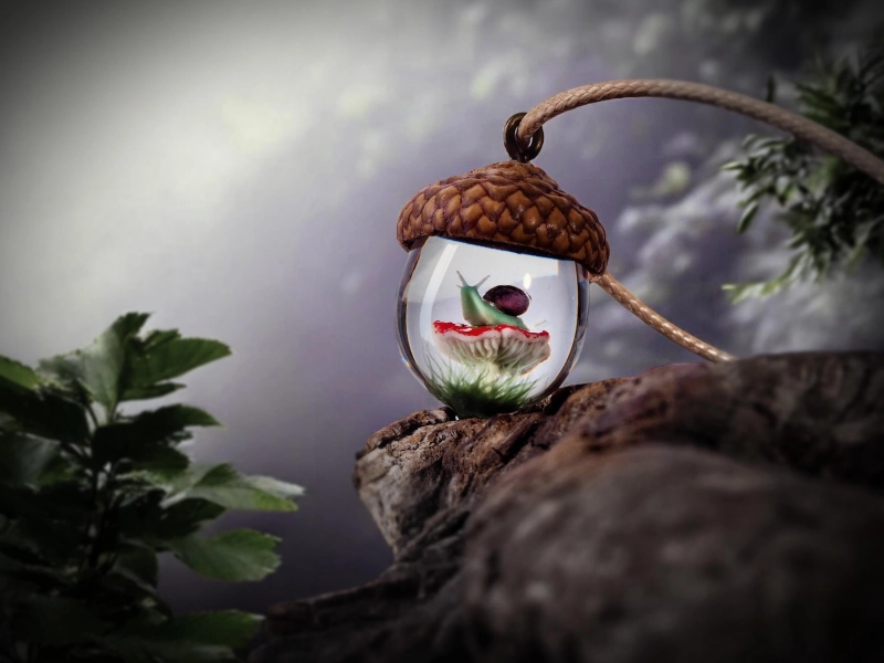 Snail Mushroom Necklace Pendant Fly agaric Necklace, Gift for naturalist and nature lover, real moss jewelry