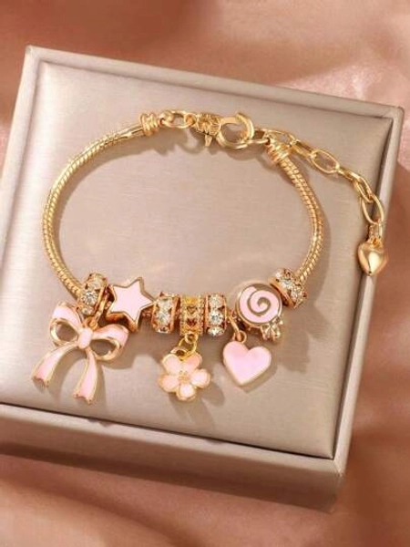 1pc Cute Bow, Candy, Heart, Star, Lollipop Decor Handmade Bracelet, Fashionable Design, Gift Bracelet, Pink Beaded Adjustable & Detachable Bracelet For Women