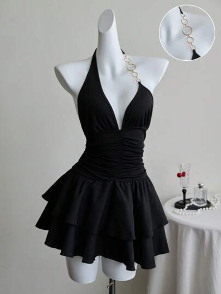 Elamini Black Ribbed Knit Woven Combo Metal Chain Decor Plunging Neck Open Back Bodycon Ruched Hem Layered Ruffle Trim Mini Halter Formal Dress, Vacation Party Sexy Chic Casual Summer Outfit For Daily, Shopping, Dating, Birthday
