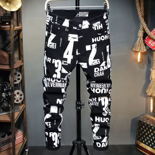 Men's slim fit elastic jeans with letter print straight leg denim pants, street fashion casual jeans - AliExpress 200000343