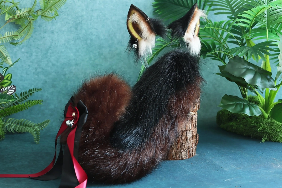Black and brown ears puppy tail suit realistic imitation fur wolf ears tail suit fox ears tail suit Cosplay
