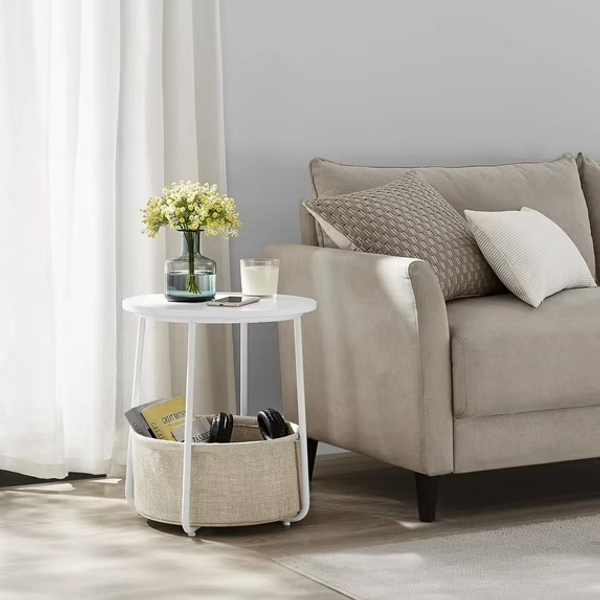 LEDREM Round End Table with Fabric Basket, Side Tables Nightstand for Livingroom, White & Brown