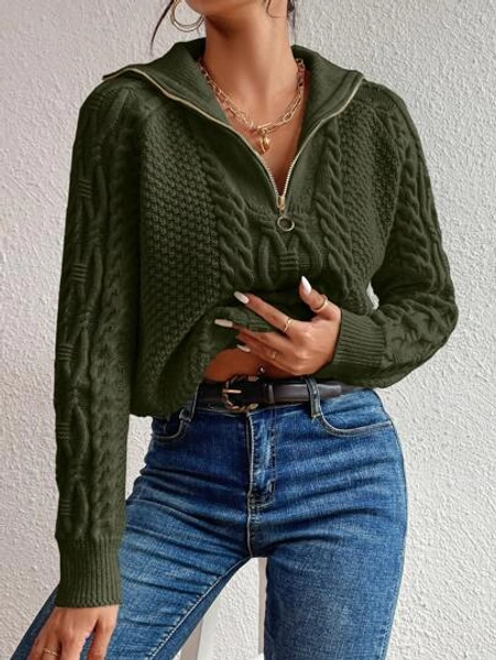 SHEIN LUNE Cable Knit Half Zip Raglan Sleeve Sweater,Long Sleeve Tops Knit Pullover Fall Winter Outfit