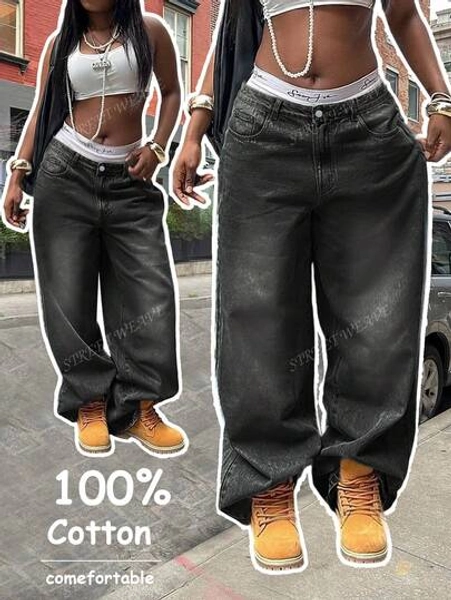 Women's Y2K Washed Vintage Wide Leg Jeans, Casual Street Style, Autumn