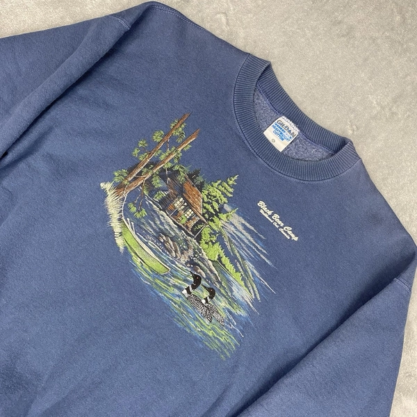 Vintage Loon Sweatshirt Mens Size XL Blue Black Bear Camp Ontario Canada Cottage