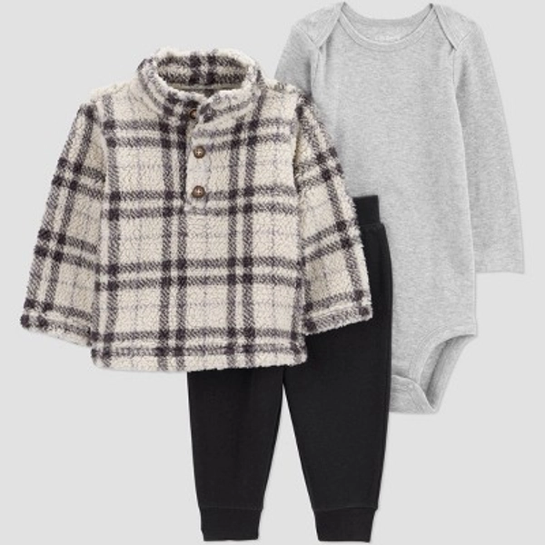 Carter's Just One You® Baby Boys' 3pc Plaid Pullover Sweater with Long Sleeve Bodysuit and Jogger Pants Set - Black 6M