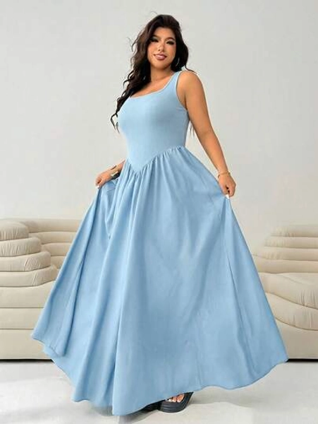 Solflare Navy Blue Plus Size Sleeveless Dress For Women Baby Blue Dress Plus Size Plus Size Dress Plus Size Long Dress Maxi Dress, Summer Dresses, Spring Clothing Light Blue Long Dress Plus Size Satin Dress