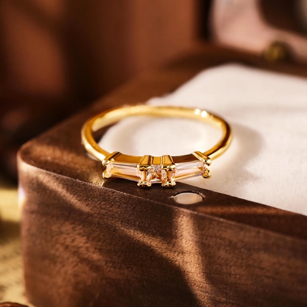 Art Deco Gold Ring: S925 Silver, Zircon Stackable Band