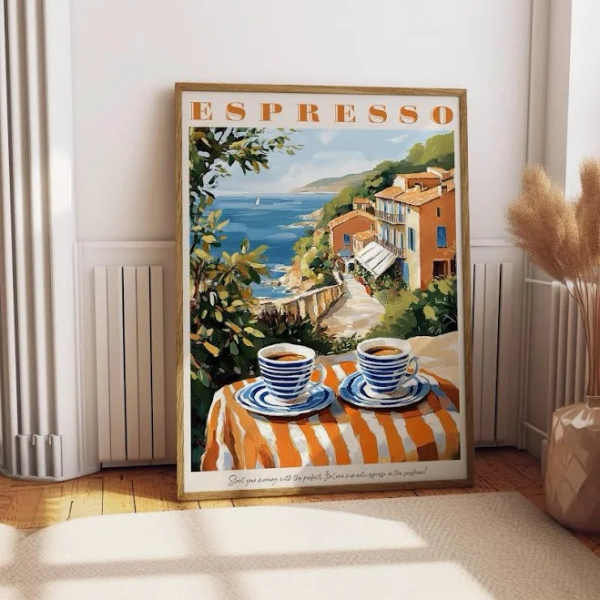 Espresso Coffee Art Poster, Vintage Italian Cafe Wall Art, Mediterranean Coastal Breakfast Scene, Retro Kitchen Decor, Gift For Coffee Lover