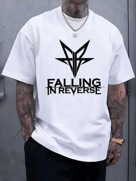 Gothic Style Men's 220g 1pcs Black&White Falling In Reverse Logo Digital Printed 100% Cotton Casual Tee Oversized T Shirt