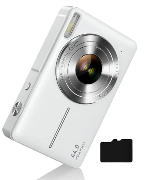 Camkory Digital Camera for Kids and Starters, FHD 1080P Point and Shoot Camera with 32GB Card 16X Zoom Anti Shake, Gift for Boys Girls Kids, White