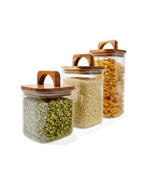 Set of 3 Linear Glass Canisters with Acacia Lids
