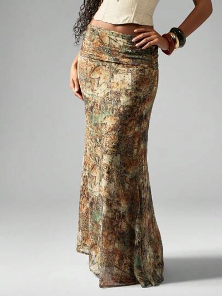 MISSGUIDED Paisley Print Chiffon Maxi Skirt Ruched Waistband Fall Winter Holiday Party Wedding Guest Elegant Floor Length Festival Bohemian Formal Occasion Wear