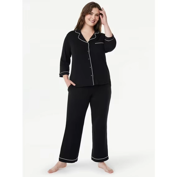 Joyspun Women’s Cotton Blend Notch Collar Top and Pants Pajama Set, 2-Piece, Sizes S-4X