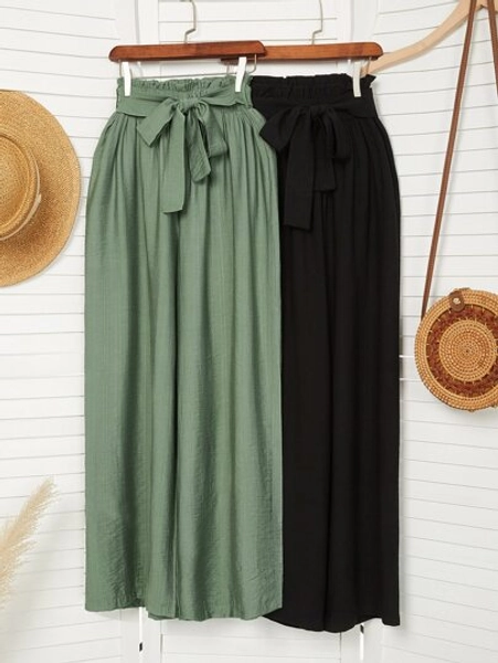 Mulvari 2pcs Paperbag Waist Belted Wide Leg Pants Fall Cloth For Women