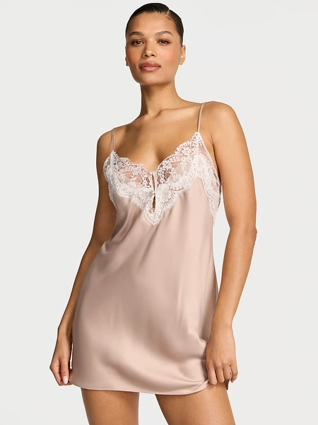 Satin Lace-Trim Short Slip Dress