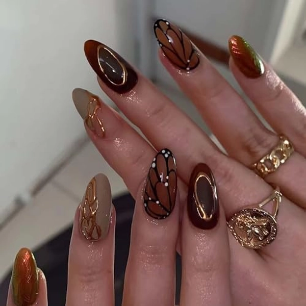 QQPPOLIU Buttterfly Press on Nails Medium Almond Fake Nails Brown Press on False Nails with Butterfly and Striped Design Fall Nails for Women 24pcs