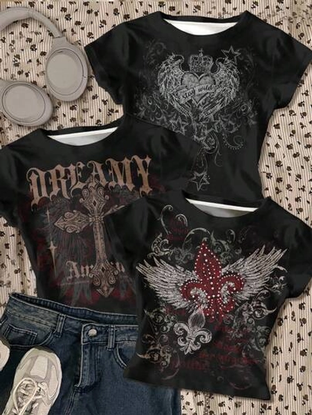 SHEIN Bolty 3pcs Grunge Punk Gothic Heart Wing Cross Print Black & Red Color Scheme Slim Fit Short Sleeve T-Shirt, Suitable For Summer, Sports, Fitness, Cheerleading