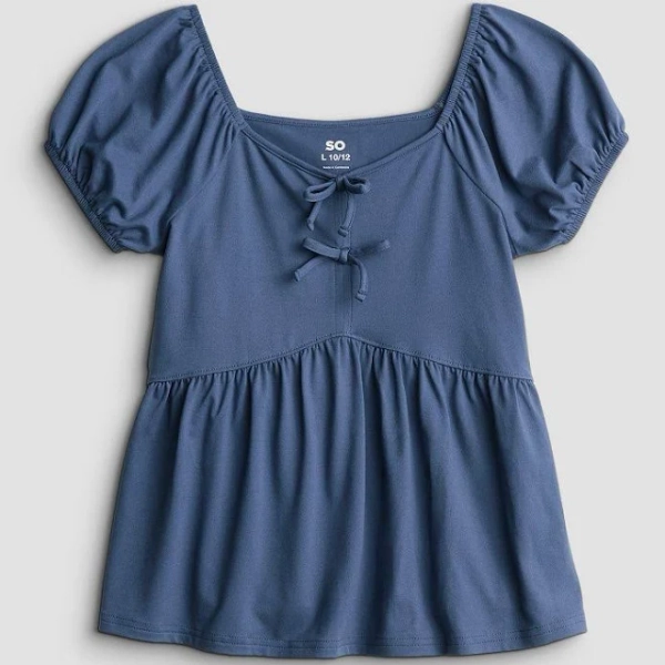 Girls 6-20 SO Short Sleeve Babydoll Top in Regular & Plus Size, Girl's, Size: Large (10/12), Cyclone Blue
