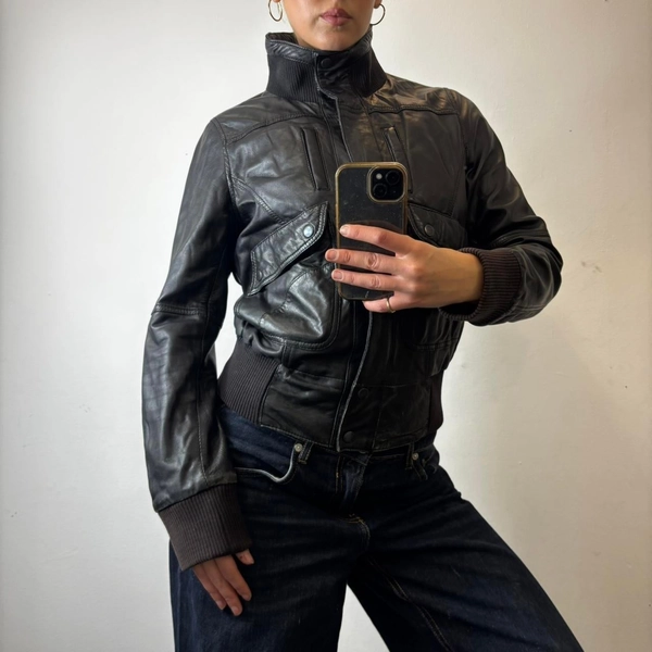 vintage genuine leather zip up funnelneck...