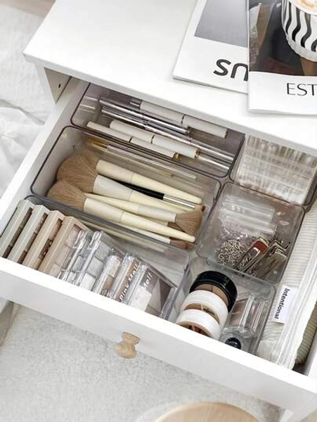 13pcs/11pcs/8pcs/6pcs/2pcs/1pc Set Transparent Plastic Drawer Organizer Boxes, Drawer Desktop Cosmetic Storage Boxes, Transparent Vanity Organizer Boxes, Exquisite Storage Boxes, Office Desk Drawer Divider Storage Boxes And Storage Boxes - Size 1 Square