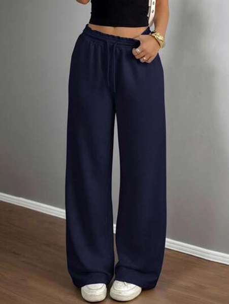 Teen Girls Casual Loose Fit Low Waist Elastic Waistband Wide Leg Sweatpants, Versatile For Spring, Summer, Autumn, Winter Comfy Pants Navy Pants Navy Blue Sweatpants Loose Pants Fall