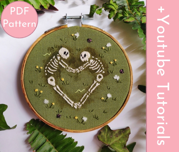 PDF Pattern "Together Forever" Hand Embroidery Skeleton Lovers Intermediate DIY