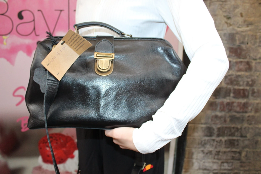 Black Leather Doctor Bag: Large Frame Purse with Strap