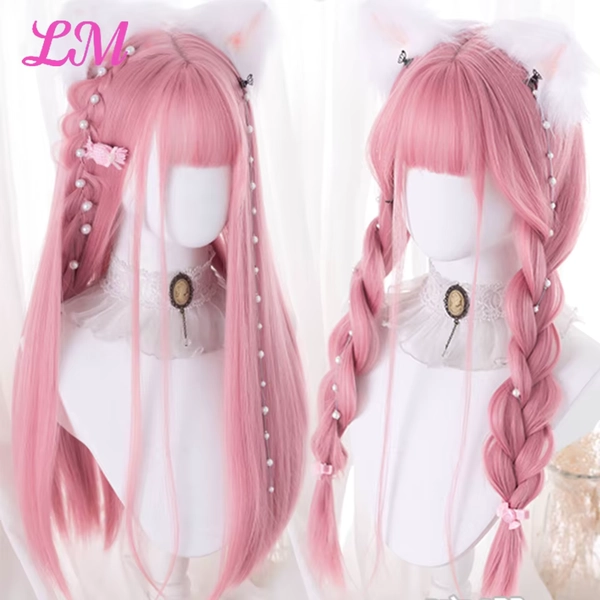 LM Cosplay Wig With Bangs Synthetic Straight Hair 24 Inch Long Heat-Resistant Pink Wig For Women - AliExpress 200165144