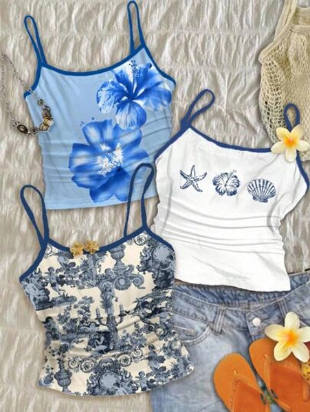 SHEIN Tween Girls French Blue Angel Statue Floral Pattern, Cream Blue Watercolor Florals, Blue Shell Placement Print, Contrast Summer Cami Tops, Vintage Retro Style, Casual Vacation Style, Style, Cute, Y2K Coconut Girl Boho Vacation Spring Break Brunch-Ready Baby Blue Girls Trip, Neon Beach Vibes