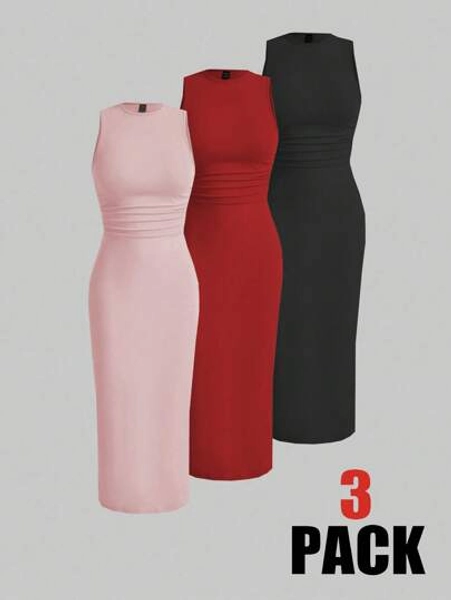 Chiquease Rafferiza Summer Casual Elegant Sexy Concert Outfit Business Casual Dating Travel Vacation Ruched Waist & Bodycon Slim Fit Sleeveless Dress Round Neck Vest Dress Home Versatile Old Money Style Solid Color Pink Red Black Various Color Options Set Maxi Women Outfit Long Dress