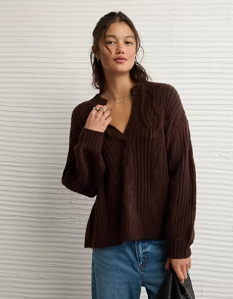 AE Whoa So Soft Notch Neck Cable Sweater