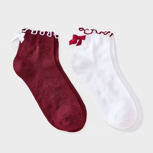 Girls' 2pk Ruffle Trim Bow Dressy Ankle Socks - Cat & Jack™ Red/White M