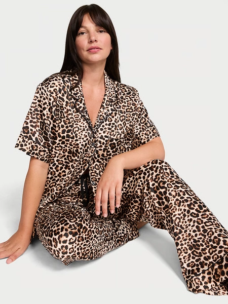 Signature Satin Short-Sleeve Long Pajama Set