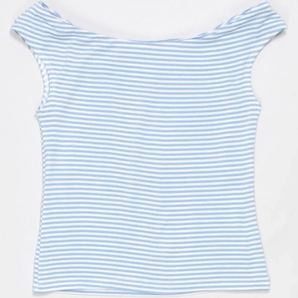 Full Tilt Girls Stripe Off The Shoulder Top - White / Blue - Size: Large