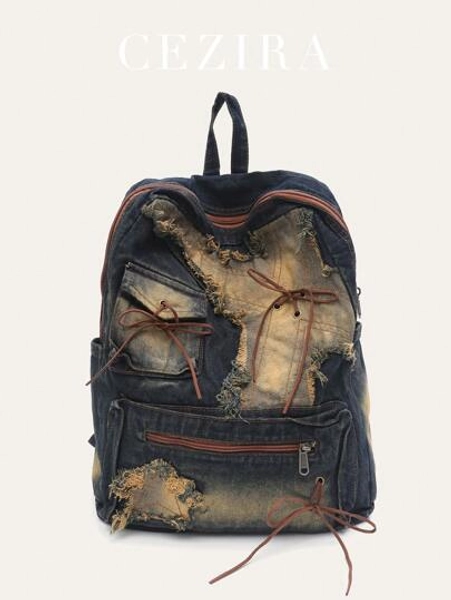 CEZIRA Vintage Niche Design Washed Fabric Large Capacity Fit Laptop Zipper Closure Multi Pockets Bow Knot Decoration Slouchy Big Backpack For Women Casual Street Style Travel College Outdoor Outing, Y2k Bag, 2000s Fashion Style, Gothic Punk Bag For Women