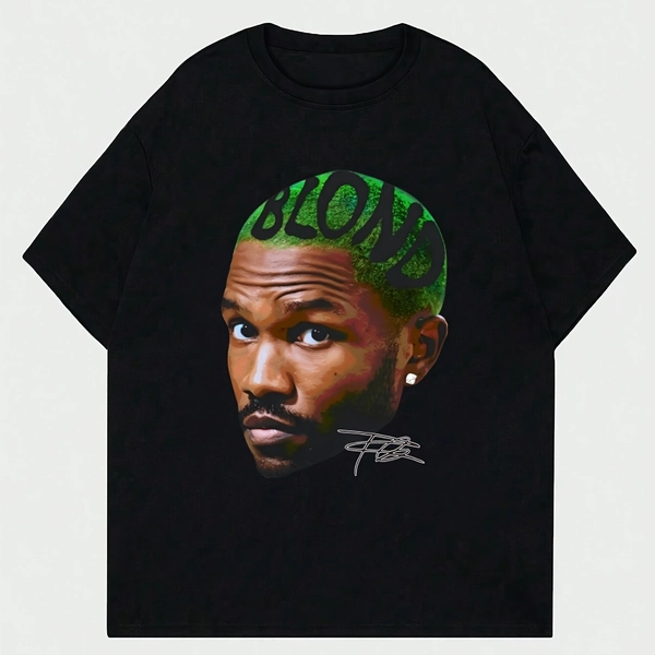 Black T-Shirt with Green and Black Portrait Print, Casual Crew Neck, Polyester Knit Fabric, Regular Length, Summer Wear