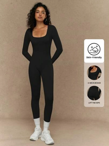 Yefecy Women Yoga Long Sleeve Jumpsuits ,Workout Ribbed Bodysuits Pants ,Square Neck Bodycon One Piece Shapewear Bodysuit