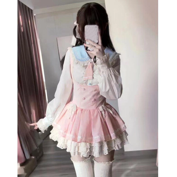 New Lolita Cute Girls 2pcs Dress Suits Tops Blouses Lace Suspender Skirt School