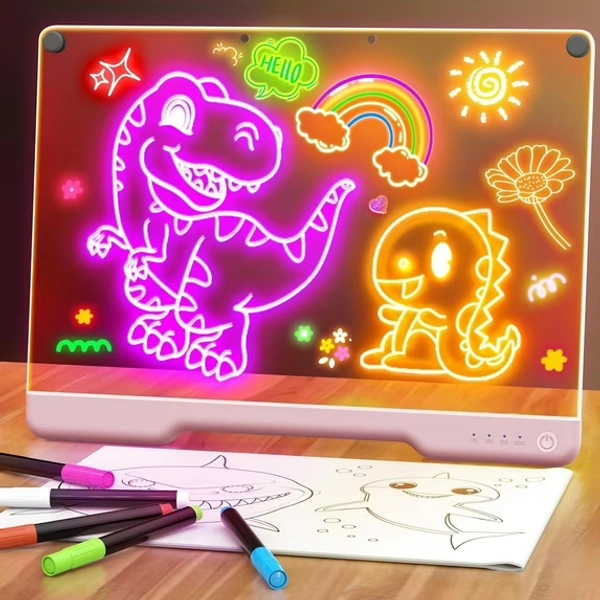 Rechargable "13.7"X10" LED Light-Up Dry Erase Board with 7-Color Neon Doodle Glow, Touch Control & Stand - Night Light for Kids Room/Office/Gift, Includes 5 Markers (light pink)