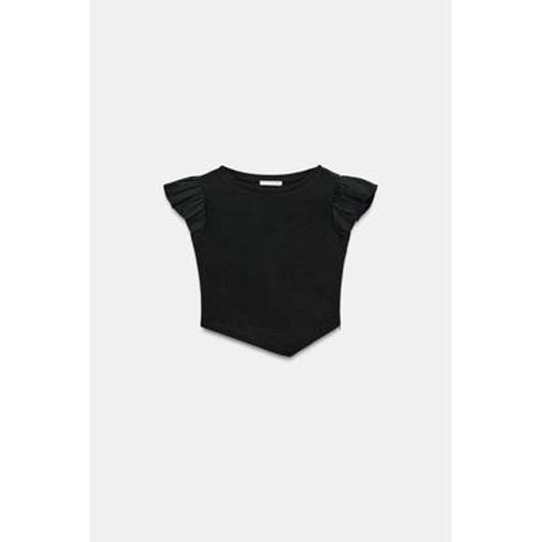 Zara - Short Sleeve Ruffle T-Shirt - Black - L - Woman