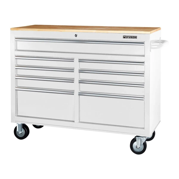 46 in., 9-Drawer Mobile Storage Cabinet with Solid Wood Top, White